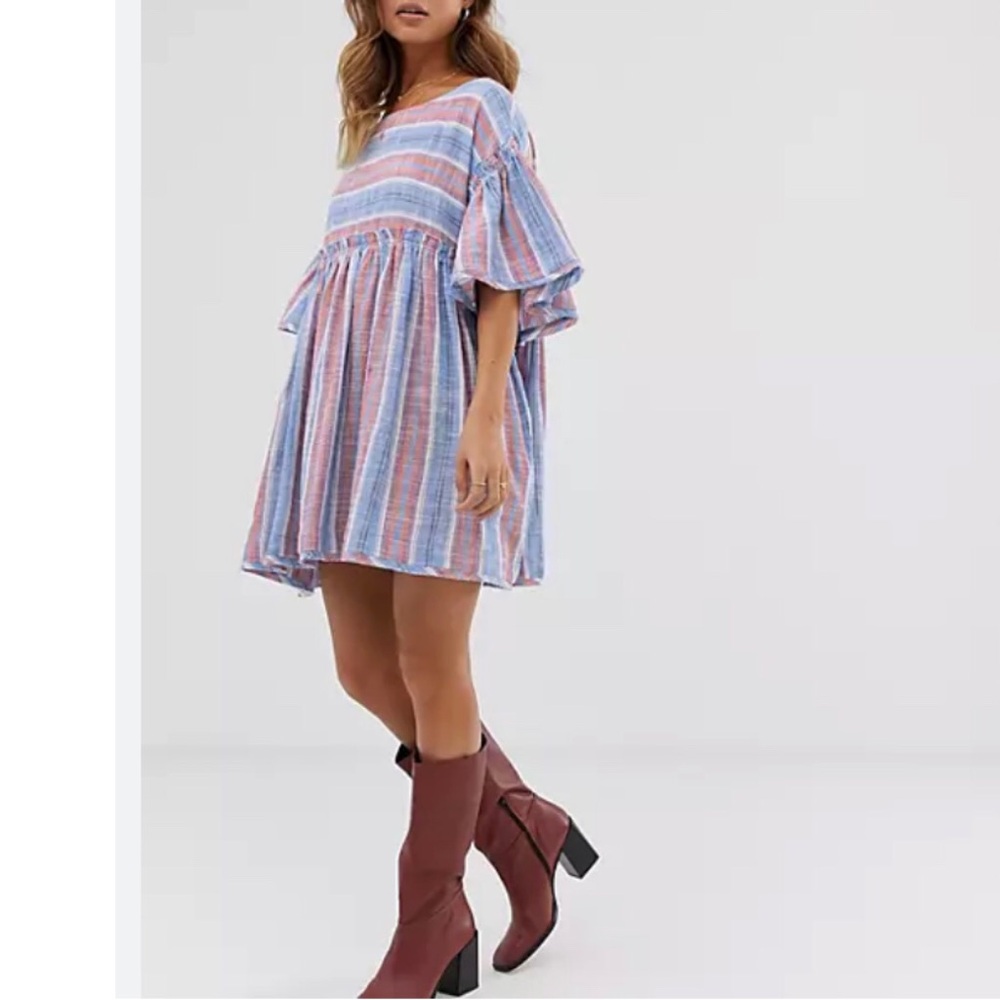 FREE PEOPLE SUMMER NIGHTS STRIPED COTTON TUNIC MINI DRESS SHORT BELL-SLEEVE TOP - Picture 16 of 16
